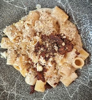 Mezze maniche alla gricia at Rifugio Romano in Rome