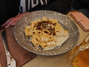 Mezze maniche alla gricia at Rifugio Romano in Rome