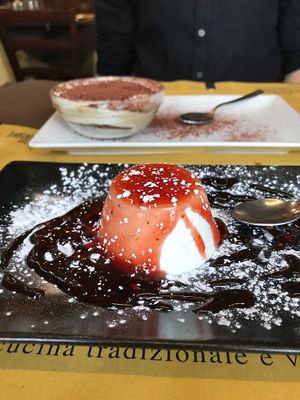 vegan panna cotta with strawberry sauce (too sweet) & tiramisu at Rifugio Romano in Rome