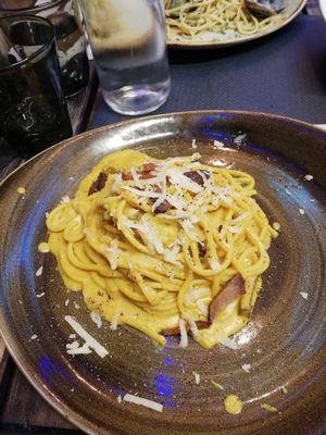 Vegan spaghetti alla carbonaeq at Rifugio Romano in Rome