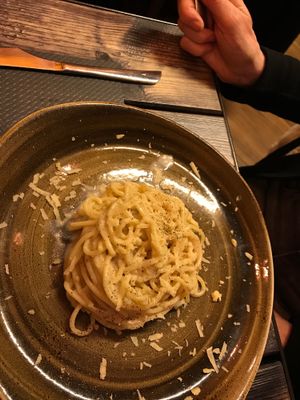 Vegan pecorino pepper pasta  at Rifugio Romano in Rome