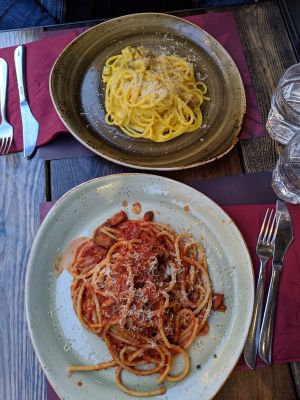 Vegan bucatini with seitan and vegan carbonara with seitan  at Rifugio Romano in Rome