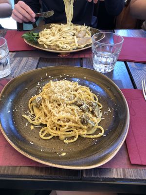 The vegan carbonara and the  mushroom pasta! at Rifugio Romano in Rome