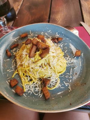 Spaghetti alla Carbonara vegan at Rifugio Romano in Rome