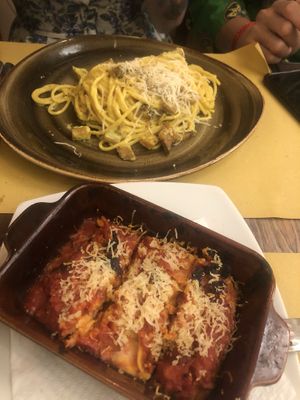 Vegan lasagna and carbonara at Rifugio Romano in Rome