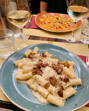 creamy vegan pasta with smoked seitan, vegan cheese and black pepper  at Rifugio Romano in Rome
