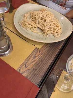 Cacio pepe pasta vegan  at Rifugio Romano in Rome
