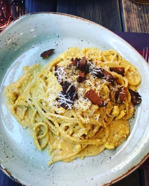 Spaghetti alla carbonara vegan  at Rifugio Romano in Rome