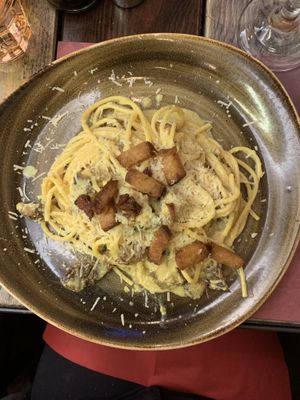 Vegan carbonara at Rifugio Romano in Rome