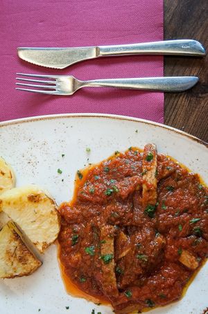 Tempeh with marinara sauce at Rifugio Romano in Rome