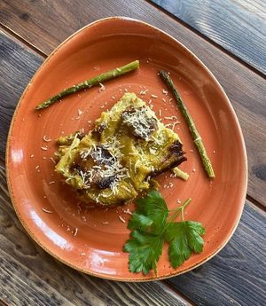 Vegan asparagus lasagna at Rifugio Romano in Rome
