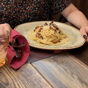 amazing vegan carbonara at Rifugio Romano in Rome