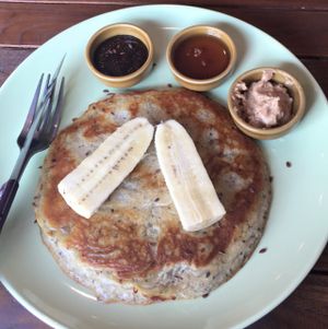 Flaxseed banana pancakes with vegan Nutella, a must have for breakfast! at Pure Vegan Heaven - Chalong  in Phuket