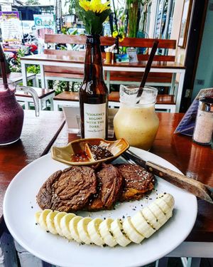 sweet potato and banana pancakes and pineapple, orange amd banana smoothie at Pure Vegan Heaven - Chalong  in Phuket