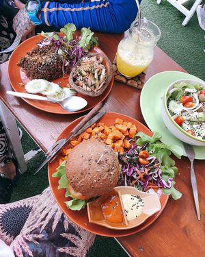 Rice with mushrooms, Burger and greek salad  at Pure Vegan Heaven - Chalong  in Phuket