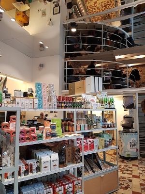 interior, upstairs seatings 
Update 2020: shop area on ground floor is now greatly reduced and replaced by chairs and table.  at Moor&Moor - Jakobijnenstraat in Ghent