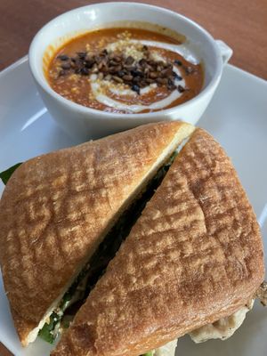 Pesto sandwich with tomato bisque oh la la  at Cafe Wylde in Everett