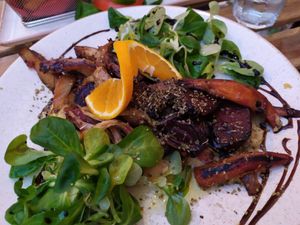 Roasted veggies: fennel, sweet potatoes, root beet. at Fig in Hvar