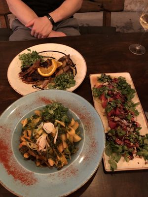 Top: hummus and grilled veggies. Left: chimichuri potatoes. Right: watermelon salad at Fig in Hvar