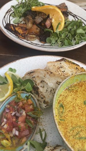 Vegan Korma and roasted root vegetables with hummus at Fig in Hvar