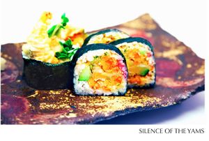 SILENCE OF THE YAMS ROLL :			     		                                                                       
YAM & SQUASH TEMPURA, FRESH COCONUT, UME PASTE at Bizen in Great Barrington