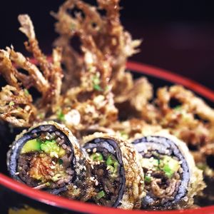 PEAL HARBOR #2  ROLL:
TEMPURA SOBA NOODLES, ASPARAGUS, SMOKED TOFU, AVOCADO, KAMPYO  AND SHIITAKE at Bizen in Great Barrington