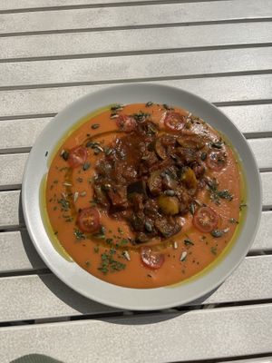 Eggplant ratatouille with sweet potatoes purée and seeds   at Herbivore in Prague