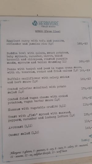The menu at Herbivore in Prague