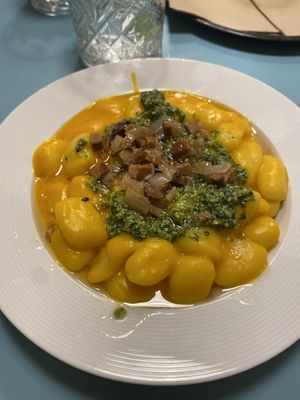 Gnocchi with pesto, tempeh and pumpkin sauce   at Herbivore in Prague