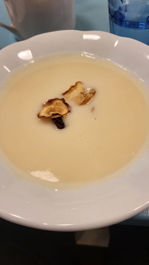 Cauliflower soup with parsnip chips at Herbivore in Prague
