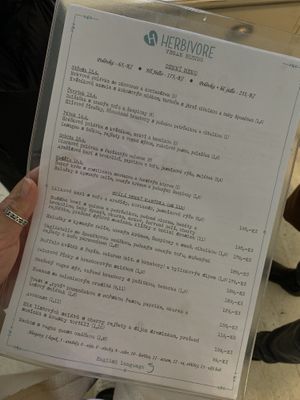 Menu  at Herbivore in Prague