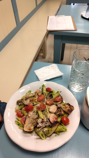 Penne with pea and rocket pesto at Herbivore in Prague