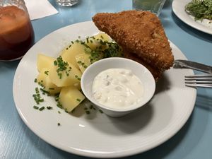 Fried cheese corners with potatoes and tartar sauce  at Herbivore in Prague