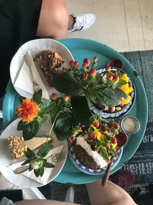 acai bowl, carrot cake and bannana bread at Herbivore in Prague