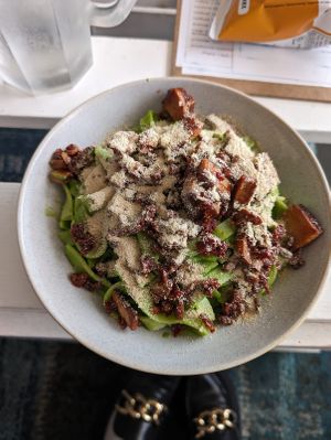 Tagliatelle, spinach sauce & cashew Parmesan   at Herbivore in Prague
