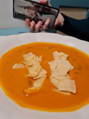 Tomatosoup with cream (and noodles on top) at Herbivore in Prague