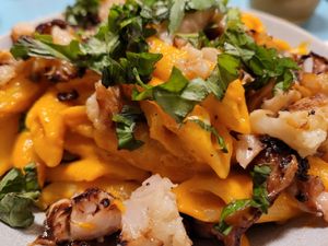 Noodles with bellpepper sauce at Herbivore in Prague