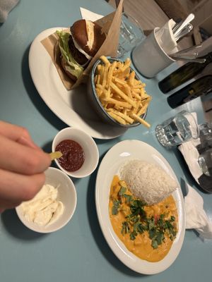 Burger and eggplant curry  at Herbivore in Prague