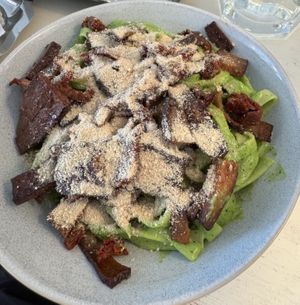 Pasta with spinach sauce and tofu  at Herbivore in Prague
