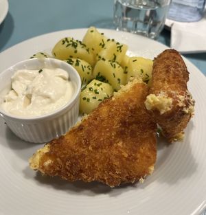 fried „cheese“, potatoes and tartar sauce — very crispy and very yummy   at Herbivore in Prague