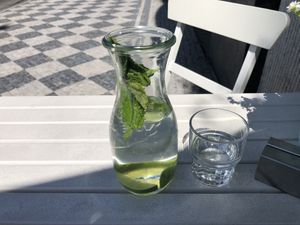 water with lemon and mint  at Herbivore in Prague