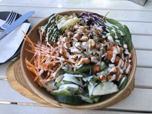 Bowl with lots of veggies and quinoa  at Herbivore in Prague