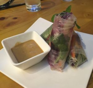 Rainbow rolls with peanut sauce at Green Room in Shenzhen