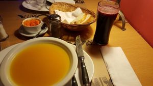 Soup starter and juice - and Carrott hummus  at Vegetariano in San Carlos De Bariloche