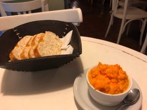Bread and garlicky carrot spread at Vegetariano in San Carlos De Bariloche