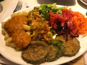 Vegan executive menu: gnocchi, cooked zucchini carrot, breaded zucchini, and salad at Vegetariano in San Carlos De Bariloche