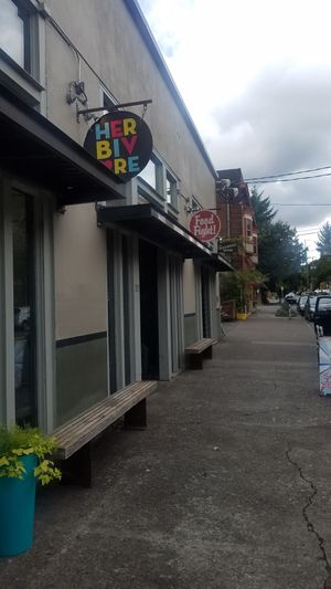 signboard outside at Herbivore Clothing in Portland