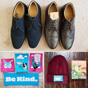 Awesome vegan goodies from Herbivore Clothing. My partner got 2 beautiful pairs of dress shoes on clearance, and I got some beautiful vegany stickers, a toque, and greeting cards. at Herbivore Clothing in Portland