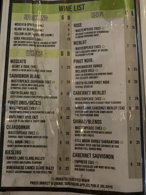 Green V indicates certified vegan wines  at Hot Chilli Bean Thai Cafe in Coolum Beach