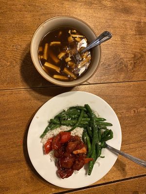 Hot and Sour soup, green beans, and Sweet and Sour “chicken” on steamed rice  at Little Peking in Fresno